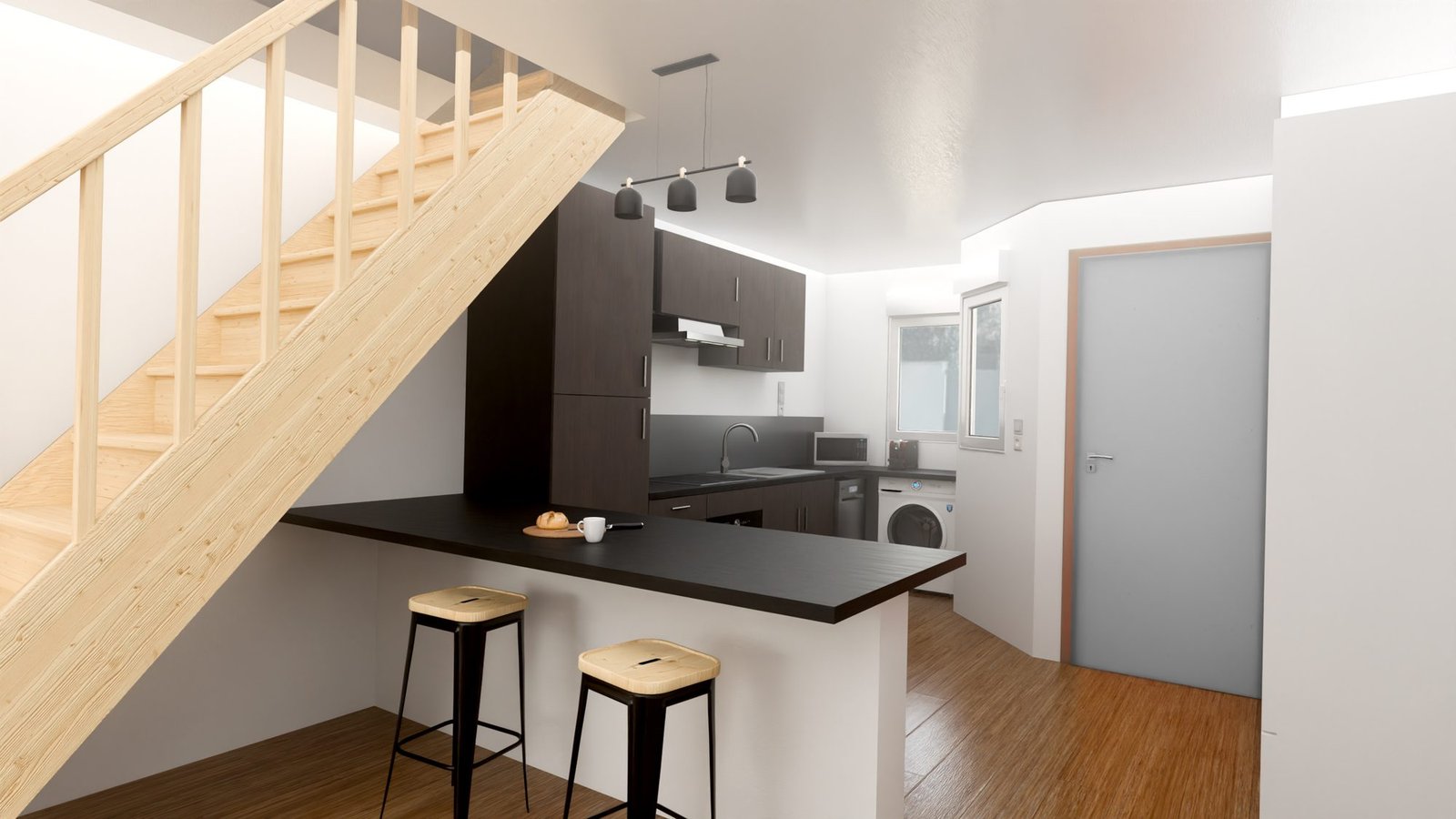 Perspective 3D d’une maison : cuisine sous l’escalier avec comptoir et tabourets