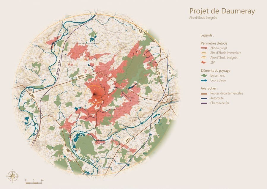 Carte circulaire des aires d’étude d’un projet avec zones de visibilité, boisements et réseau hydrographique