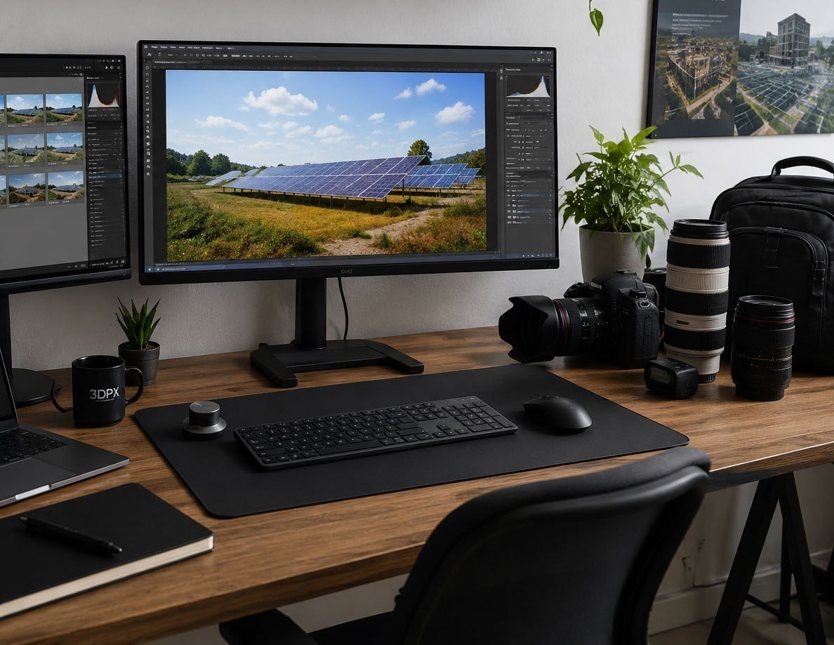 Poste de travail de 3Dpix avec écran affichant un photomontage photovoltaïque et appareil photo