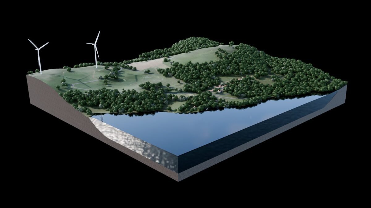 Bloc diagramme 3D : relief boisé avec deux éoliennes, plan d’eau et coupe du terrain