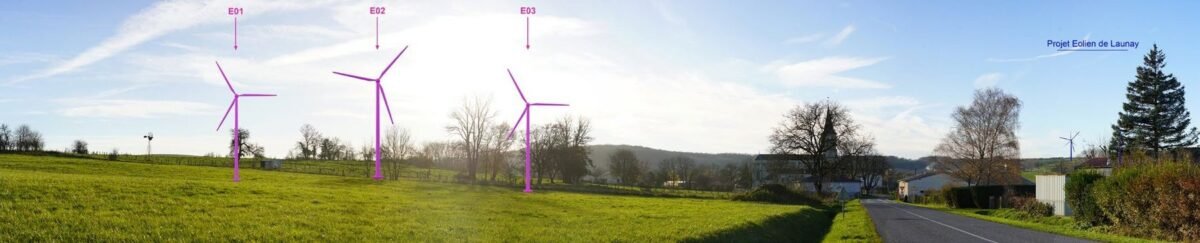 Vue technique avec trois éoliennes projetées légendées en magenta