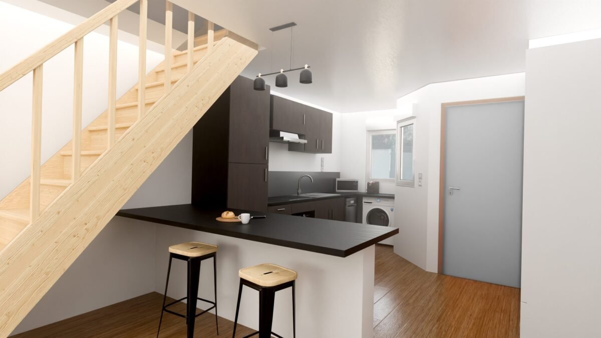 Perspective 3D d’une maison : cuisine sous l’escalier avec comptoir et tabourets