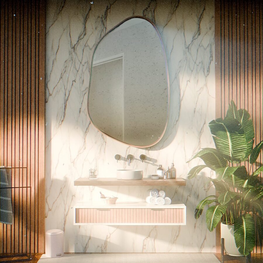 Perspective 3D d’une salle de bains : meuble suspendu, miroir et tasseaux bois