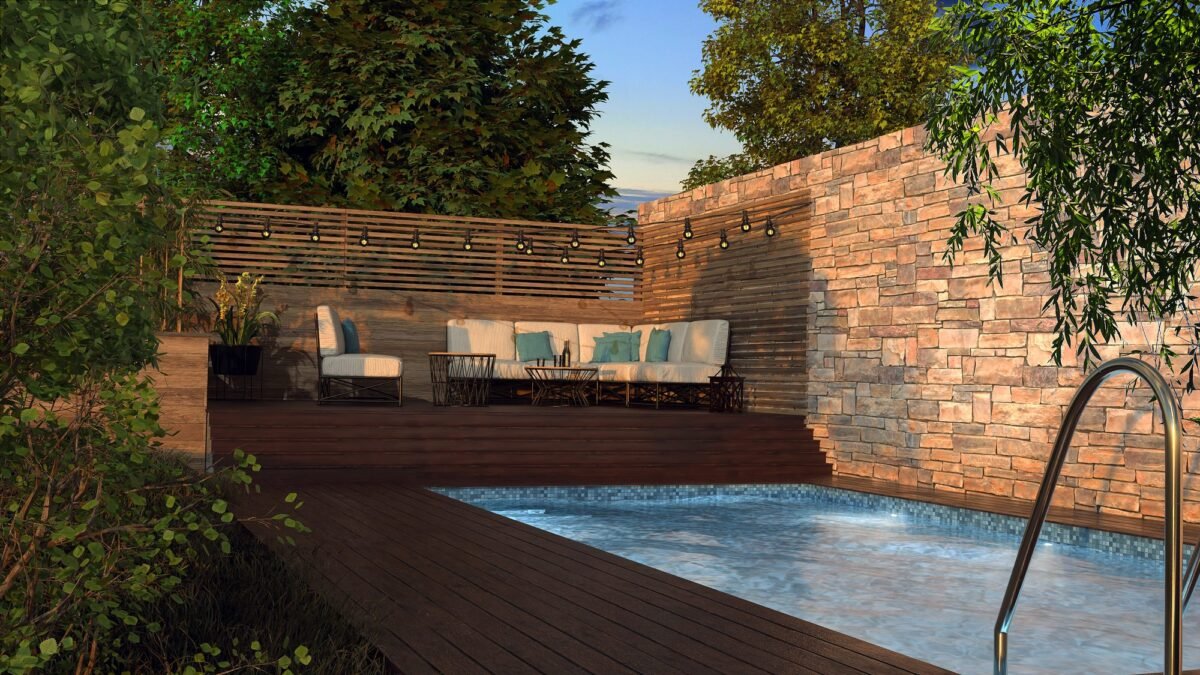 Perspective 3D d’une terrasse en bois avec salon d’extérieur, mur en pierre et piscine